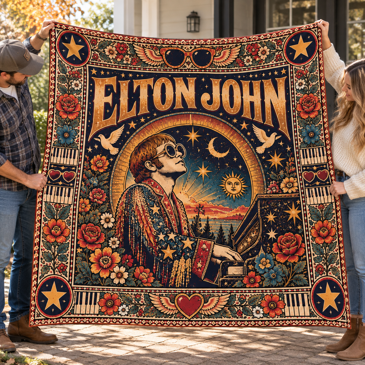 Elton John Sherpa Throw Blanket - Piano & Celestial Star Glasses Soft Cover - Glam Rock Music Legend Fan Unique Gift Idea