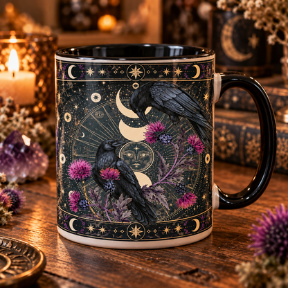 Celestial Raven Mug, Gothic Crow Coffee Mug, Moon Phase Raven Cup, Witchy Thistle Mug, Dark Academia Gift, Mystical Bird Decor