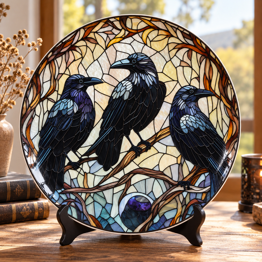 Three Ravens Stained Glass Ceramic Plate – Gothic Black Crow Decorative Porcelain Dish