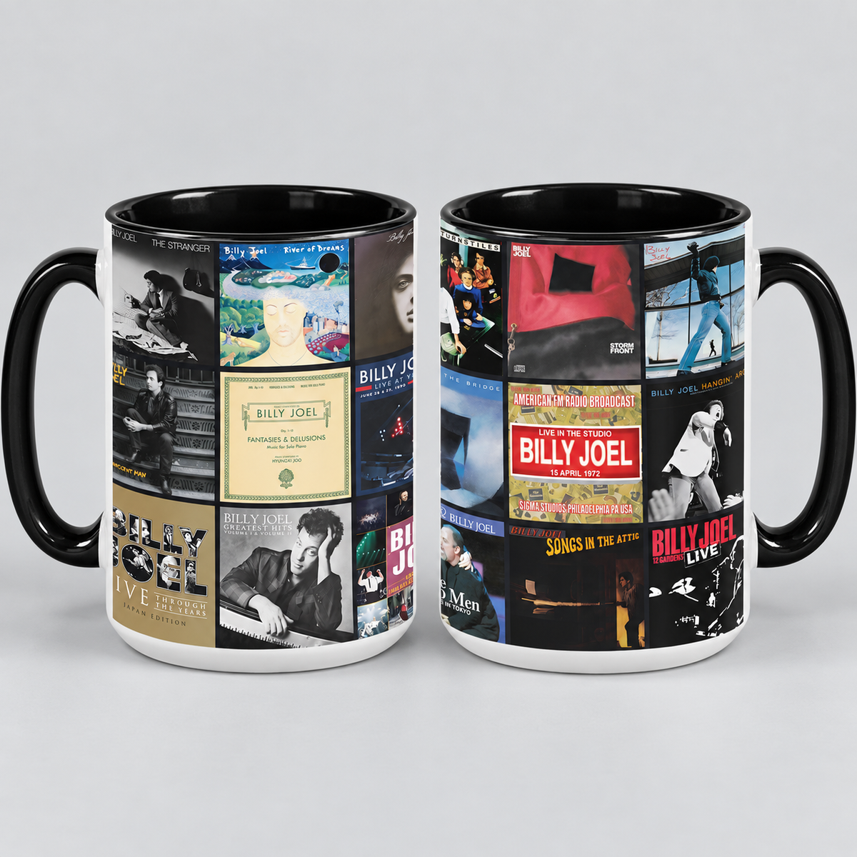 Billy Joel Black Two-Tone Accent Coffee Mug - Classic Rock Band Album Covers Collage Mug