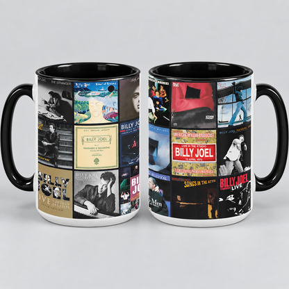 Billy Joel Black Two-Tone Accent Coffee Mug - Classic Rock Band Album Covers Collage Mug