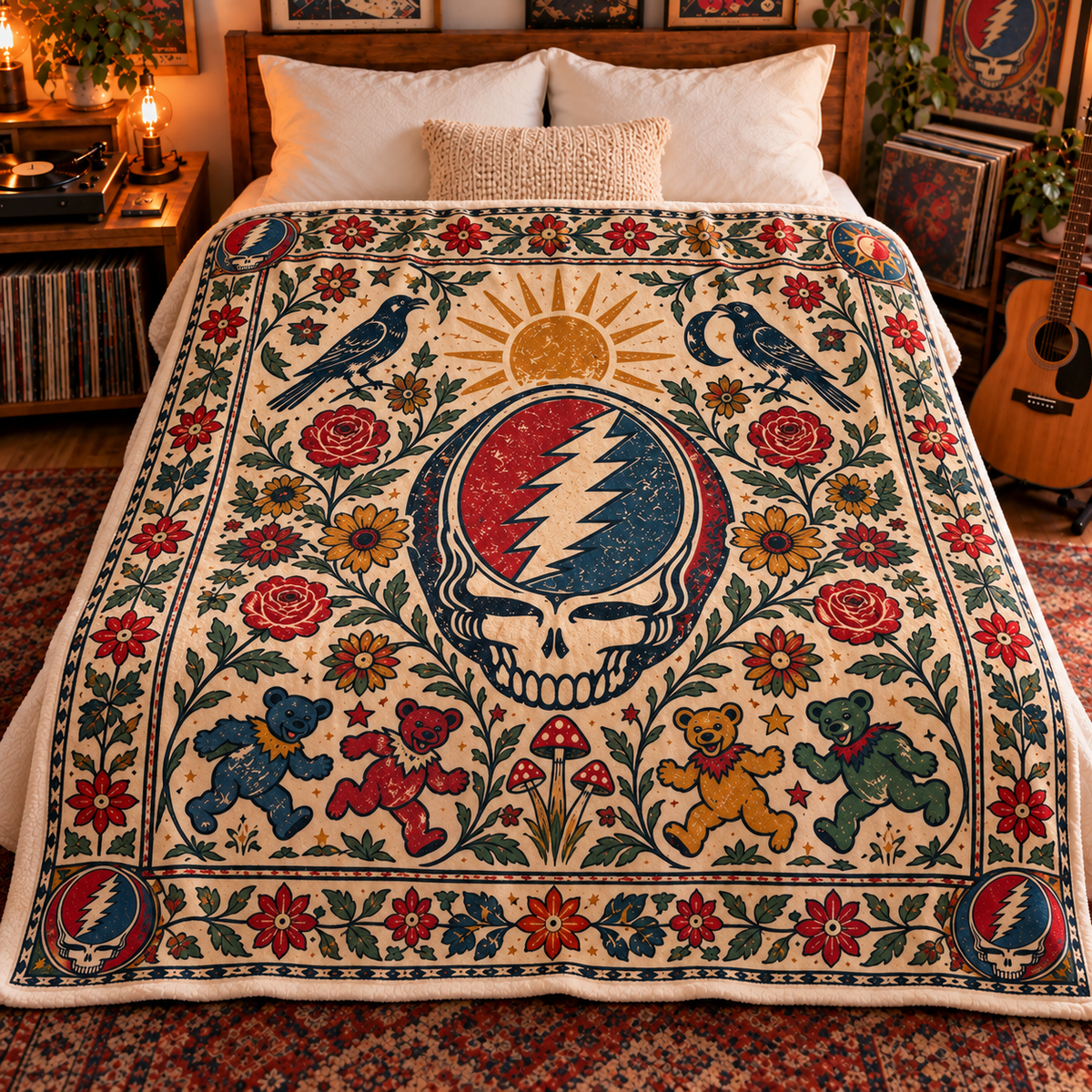 Grateful Dead Sherpa Throw Blanket - Steal Your Face & Dancing Bears Soft Cover - Psychedelic Rock Music Fan Gift Idea