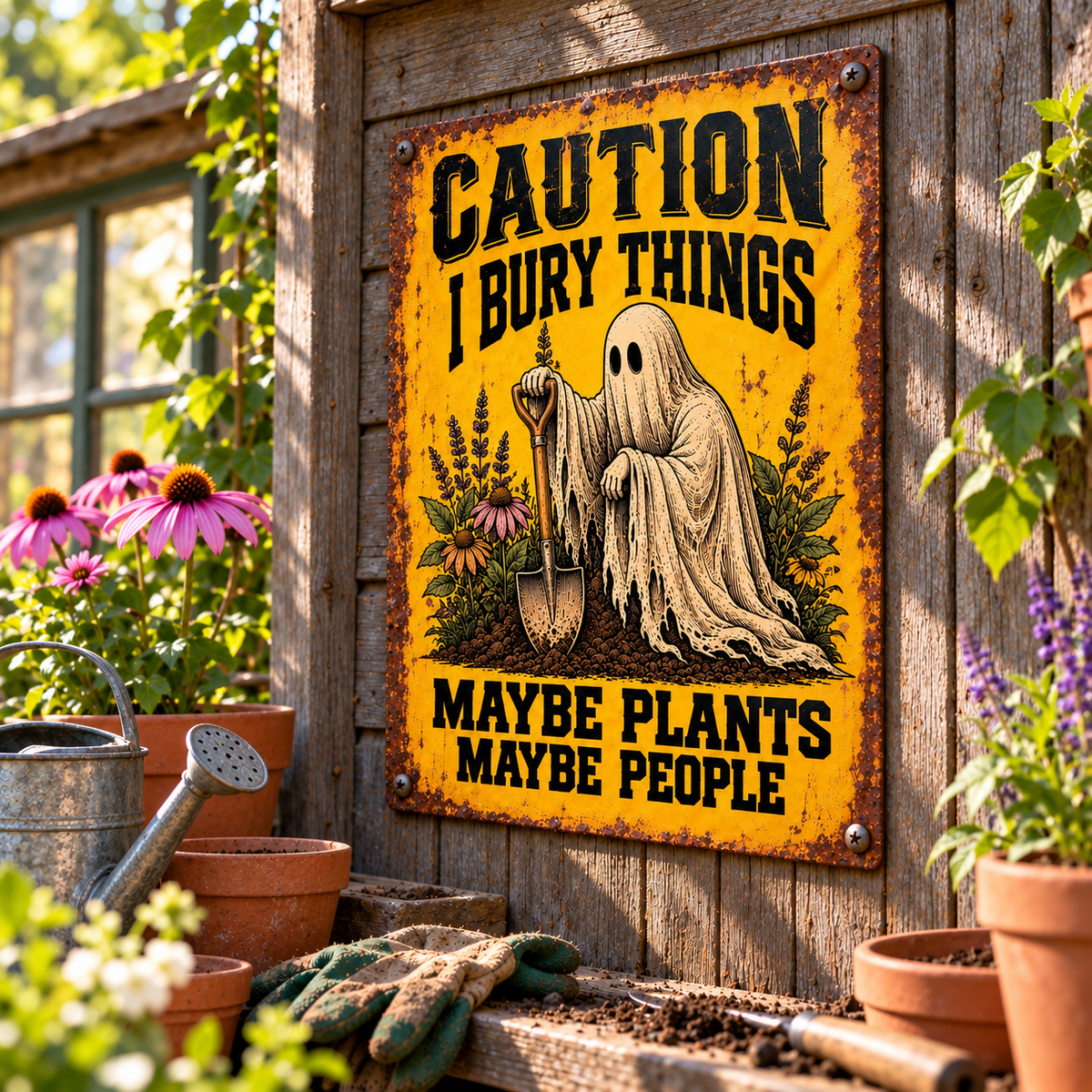 Funny Ghost Garden Metal Sign, Caution I Bury Things Maybe Plants Maybe People, Spooky Gardener Decor, Halloween Yard Sign, Gothic Garden Gift