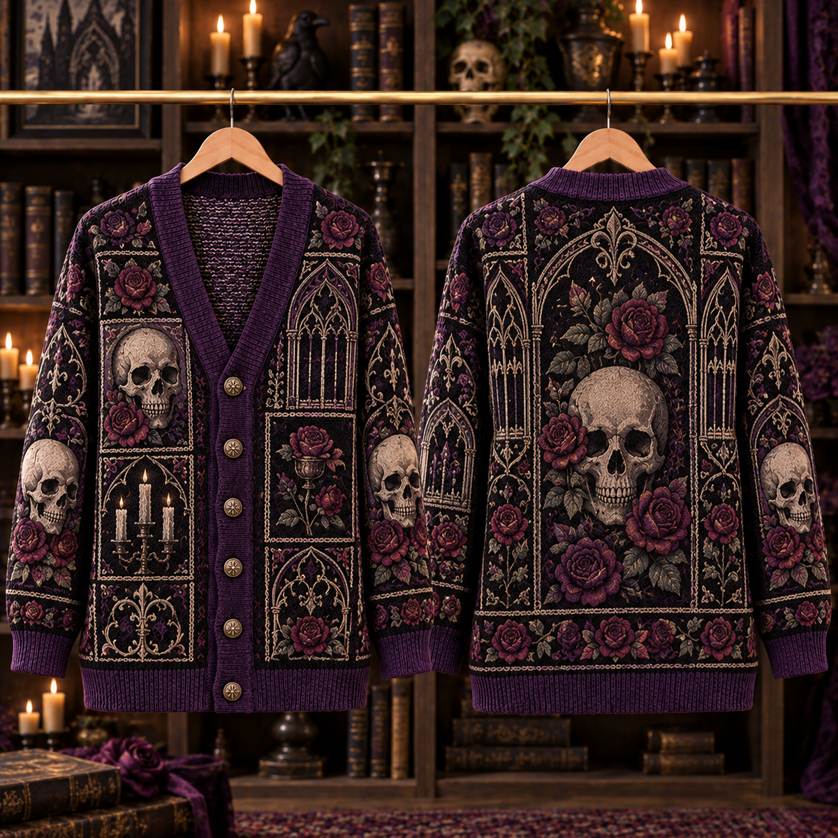 Gothic Skull Rose Cardigan, Purple Victorian Knit Sweater, Dark Academia Gothic Cardigan, Skull & Roses Alternative Fashion Gift