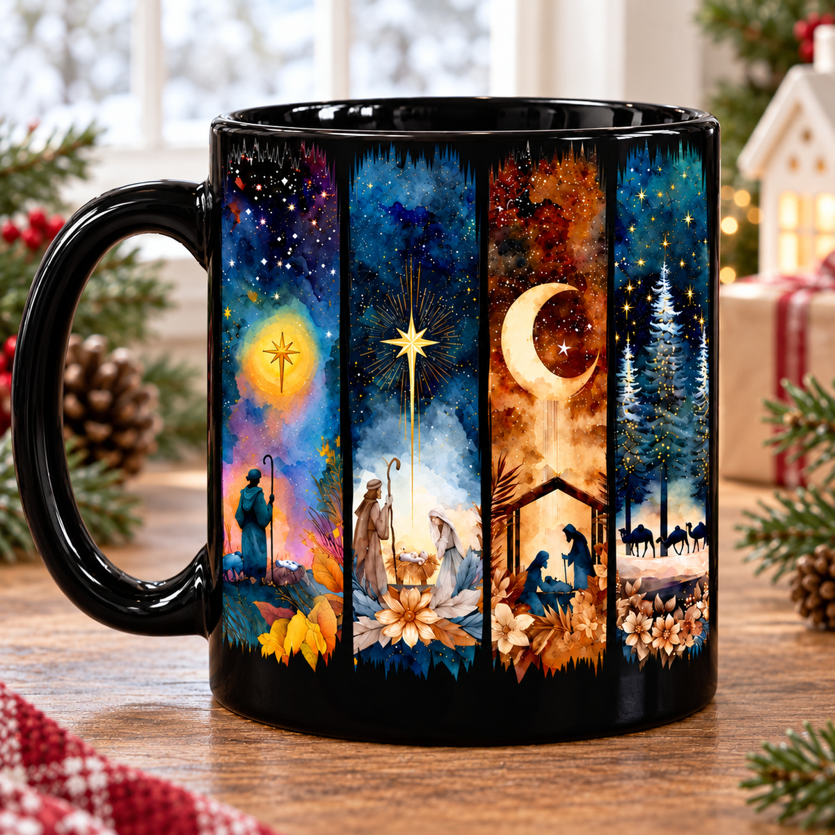 A Savior Is Born Christmas Mug – Stained Glass Nativity Coffee Cup, Religious Christmas Gift