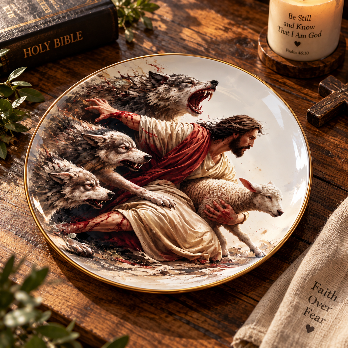 Jesus Good Shepherd Decorative Plate, Protecting the Lamb from Wolves Christian Art, Faith Over Fear Religious Home Decor, Bible Gift