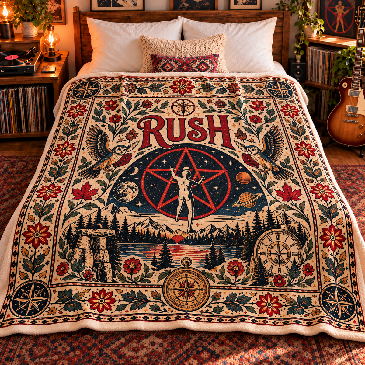 Rush Band Sherpa Throw Blanket - Starman 2112 & Fly By Night Owl Soft Cover - Progressive Rock Music Fan Unique Gift Idea