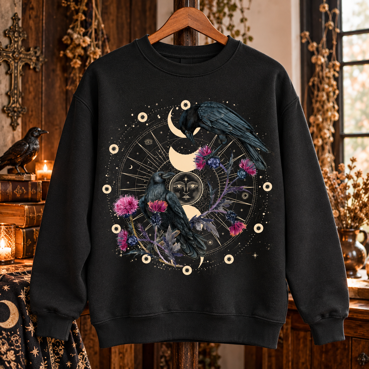 Celestial Raven Sweater, Gothic Crow Moon Sweatshirt, Witchy Raven Crewneck, Mystical Floral Sweater, Dark Academia Bird Gift