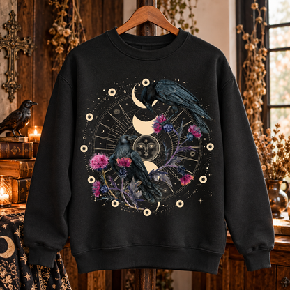 Celestial Raven Sweater, Gothic Crow Moon Sweatshirt, Witchy Raven Crewneck, Mystical Floral Sweater, Dark Academia Bird Gift