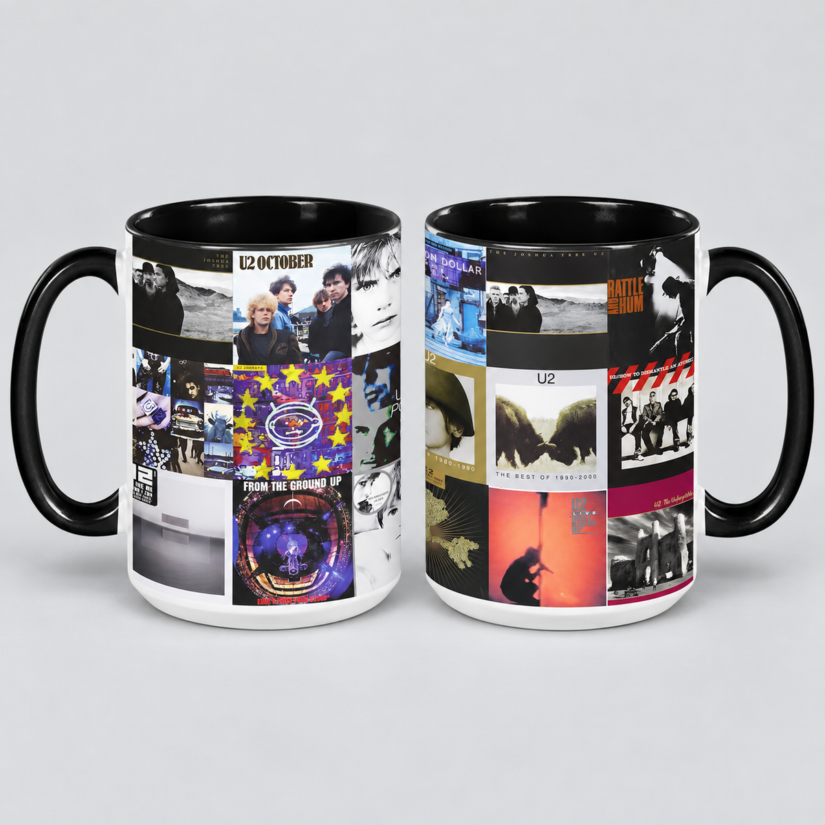 U2 Black Two-Tone Accent Coffee Mug - Classic Band Album Covers Collage Mug