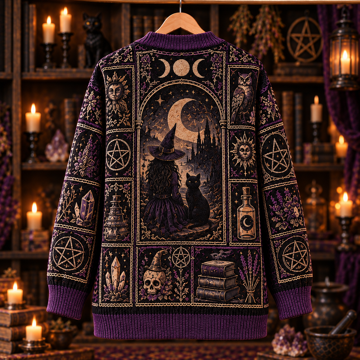 Witchy Cardigan, Black Cat Raven Moon Gothic Knit Sweater, Celestial Tarot Style Cardigan, Dark Academia Halloween Gift
