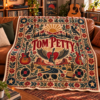 Tom Petty Sherpa Throw Blanket - Winged Heart Guitar & Desert Highway Soft Cover - Heartland Rock Music Fan Unique Gift Idea