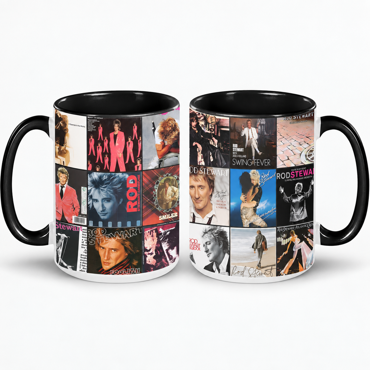 Rod Stewart Black Two-Tone Accent Coffee Mug - Classic Band Album Covers Collage Mug