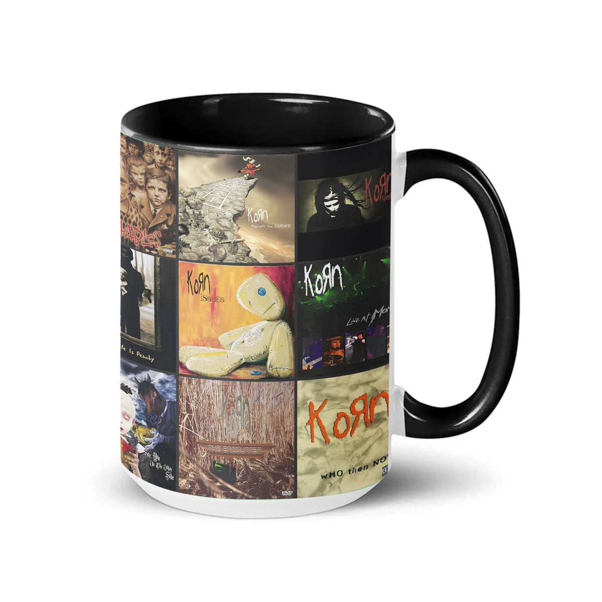 Korn ABlack Two-Tone Accent Coffee Mug - Classic Rock Band Album Covers Collage Mug