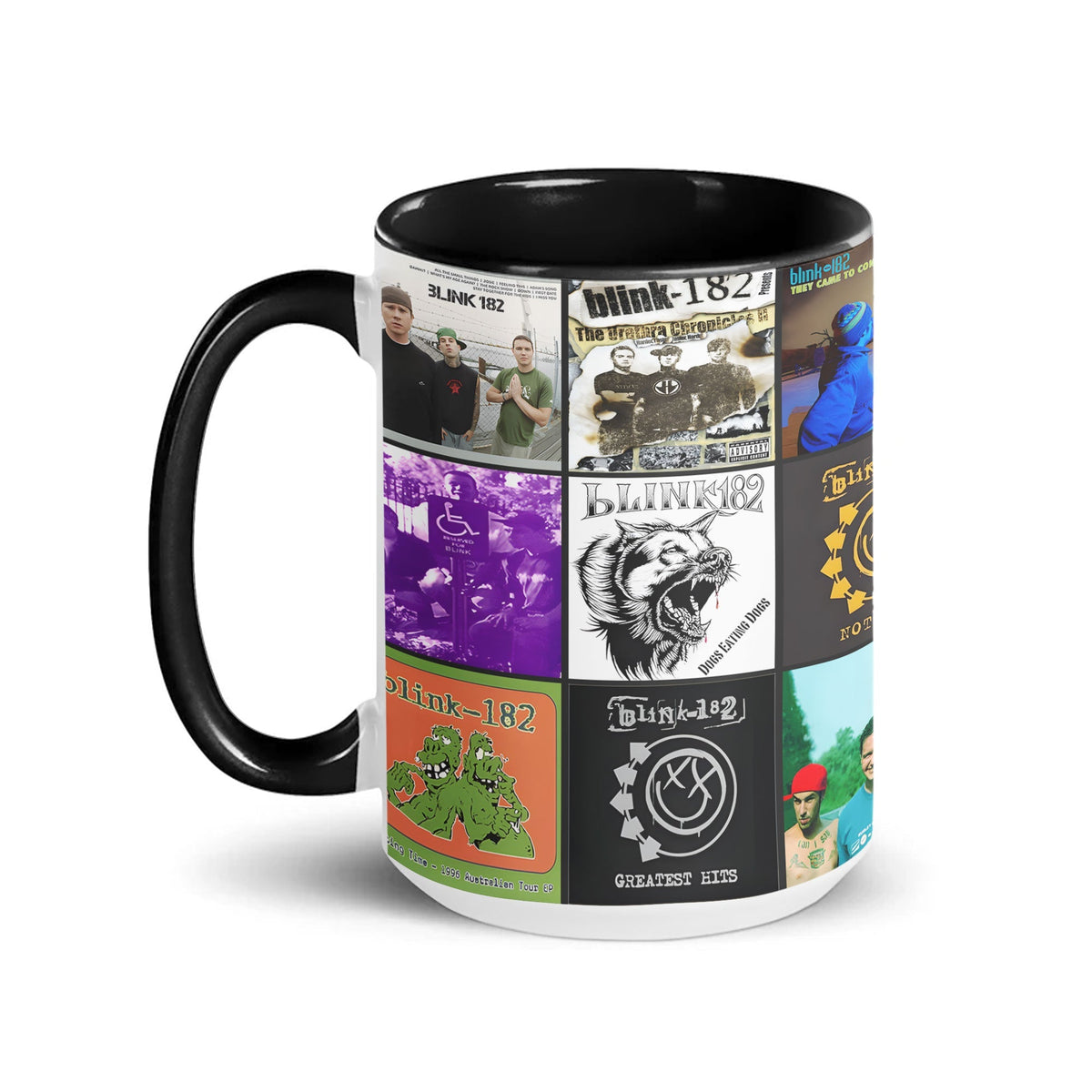 Blink 182 Black Two-Tone Accent Coffee Mug - Classic Rock Band Album Covers Collage Mug