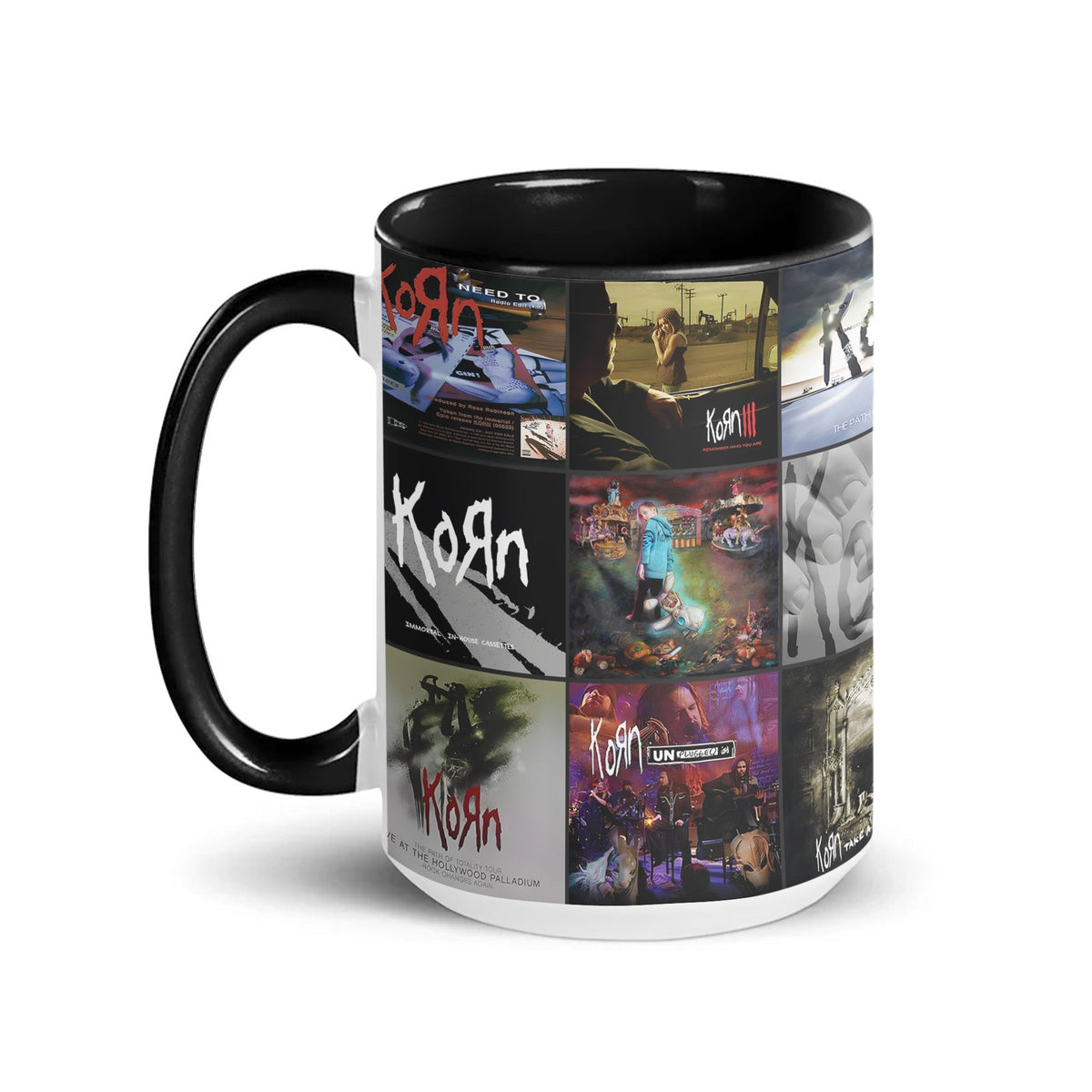 Korn ABlack Two-Tone Accent Coffee Mug - Classic Rock Band Album Covers Collage Mug