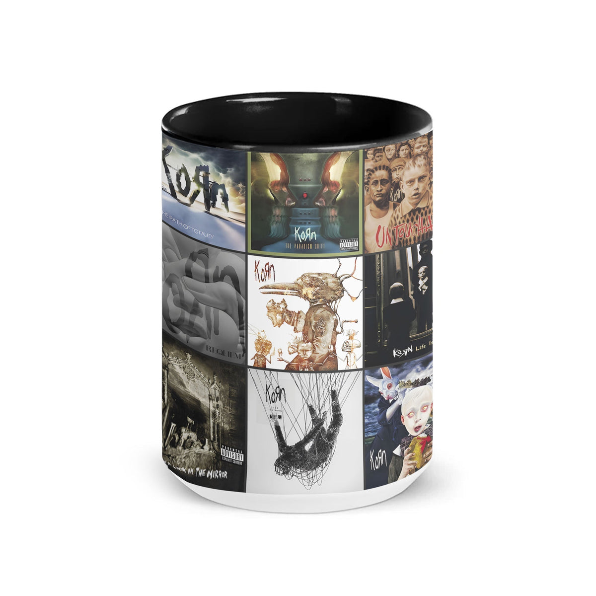 Korn ABlack Two-Tone Accent Coffee Mug - Classic Rock Band Album Covers Collage Mug