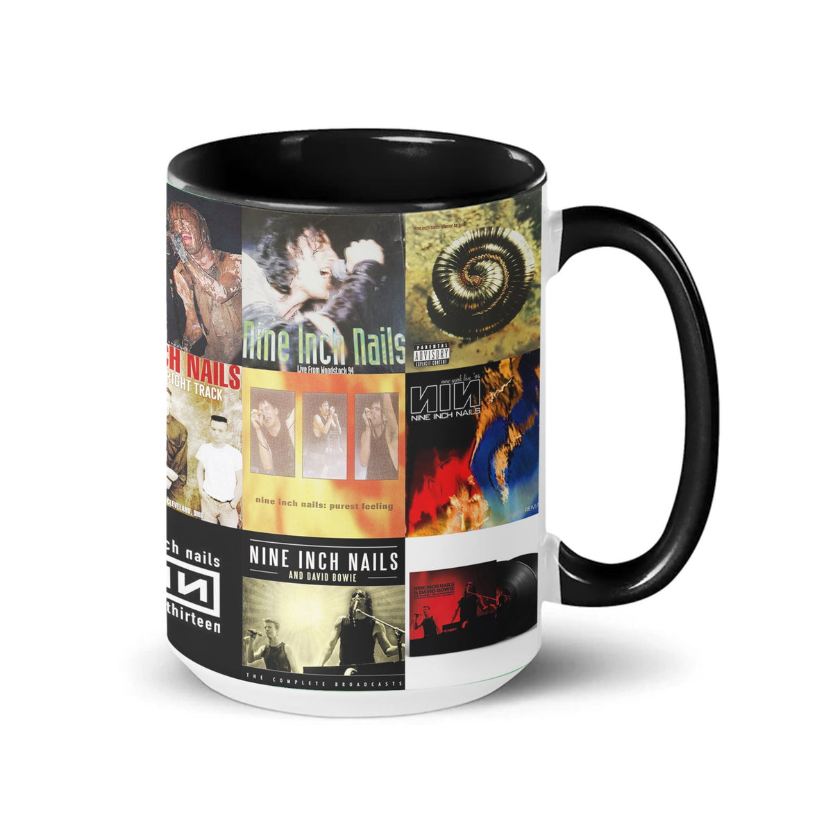 Nine Inch Nails Black Two-Tone Accent Coffee Mug - Classic Band Album Covers Collage Mug