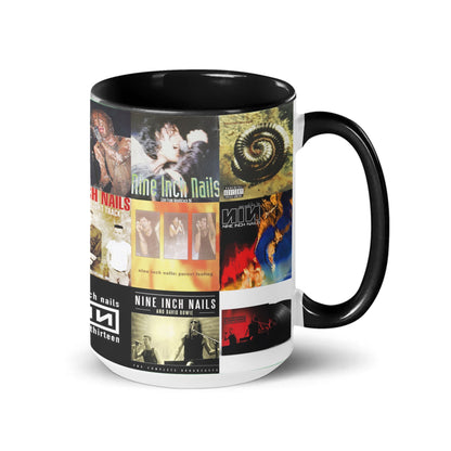 Nine Inch Nails Black Two-Tone Accent Coffee Mug - Classic Band Album Covers Collage Mug