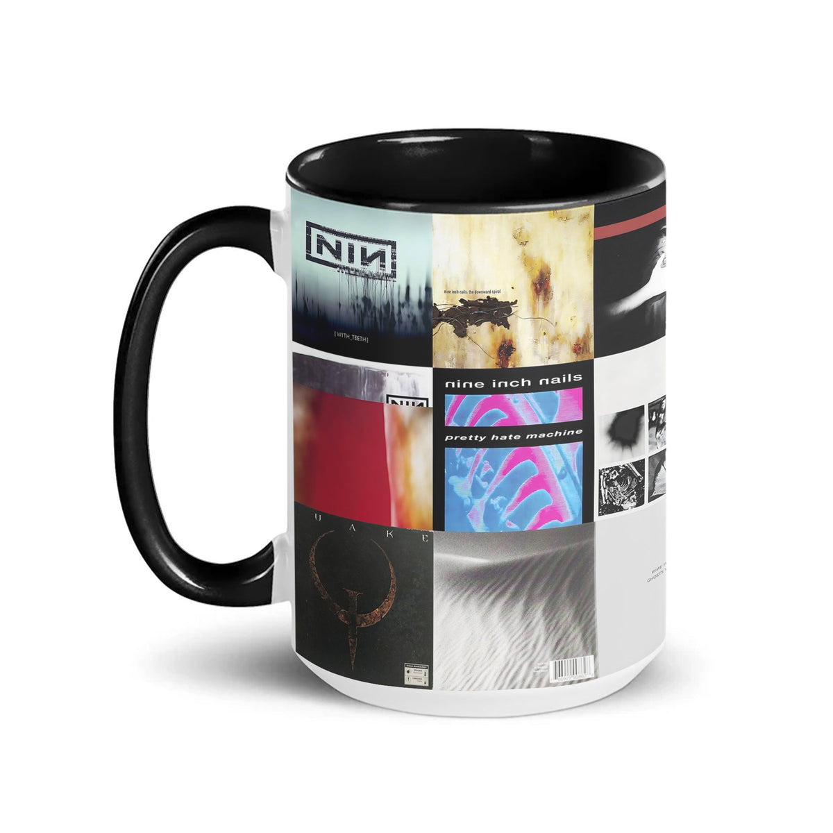 Nine Inch Nails Black Two-Tone Accent Coffee Mug - Classic Band Album Covers Collage Mug