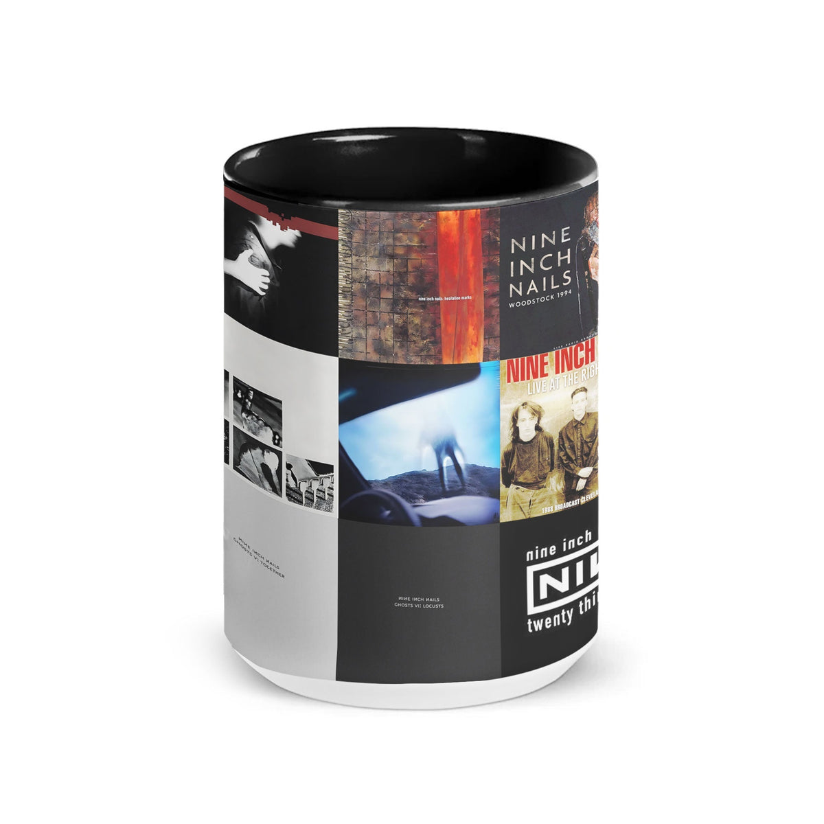 Nine Inch Nails Black Two-Tone Accent Coffee Mug - Classic Band Album Covers Collage Mug
