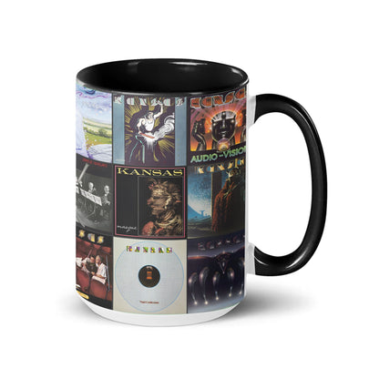 Kansas Black Two-Tone Accent Coffee Mug - Classic Rock Band Album Covers Collage Mug