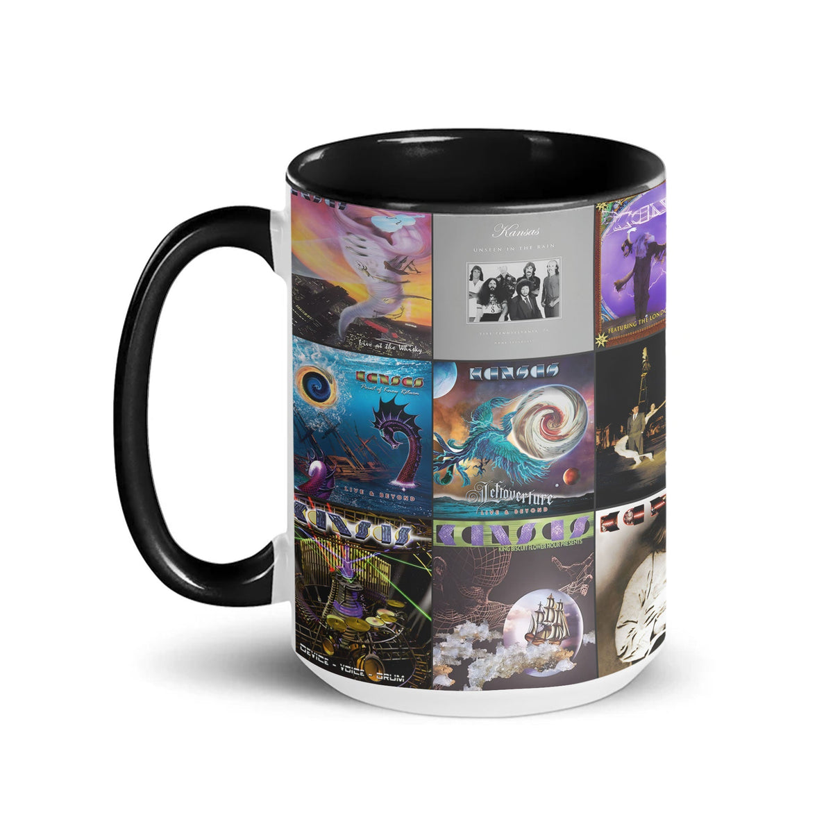 Kansas Black Two-Tone Accent Coffee Mug - Classic Rock Band Album Covers Collage Mug