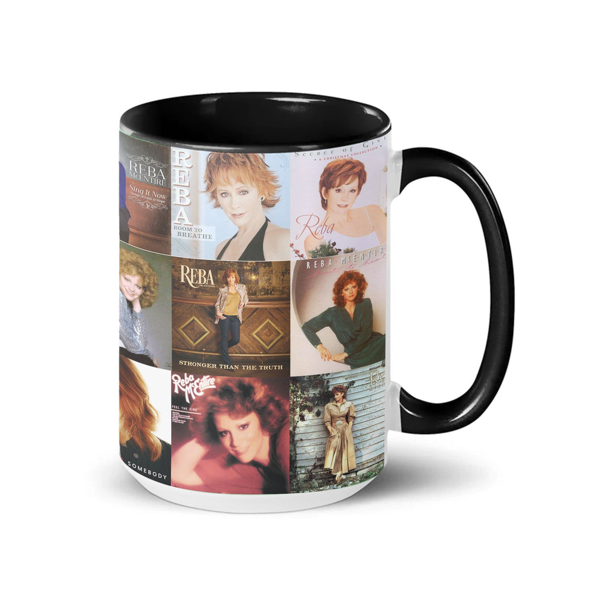 Reba McEntire Black Two-Tone Accent Coffee Mug - Classic Band Album Covers Collage Mug