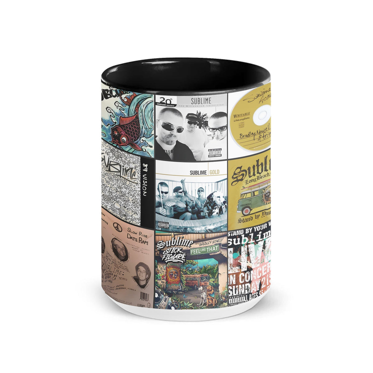 Sublime Black Two-Tone Accent Coffee Mug - Classic Rock Band Album Covers Collage Mug