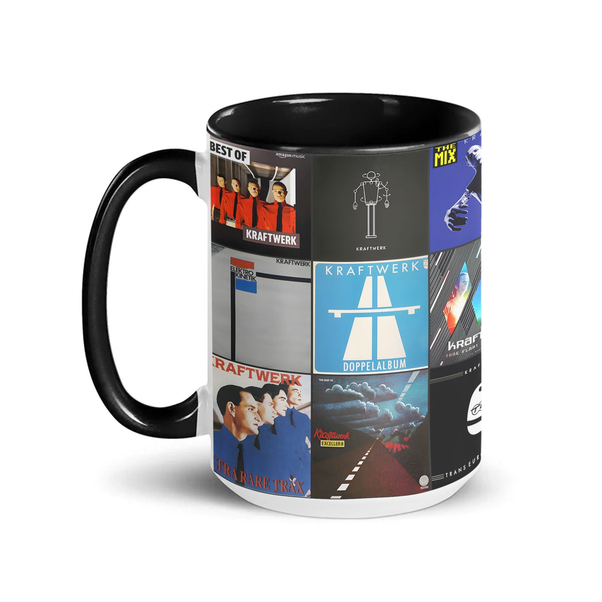 Kraftwerk Black Two-Tone Accent Coffee Mug - Classic Rock Band Album Covers Collage Mug