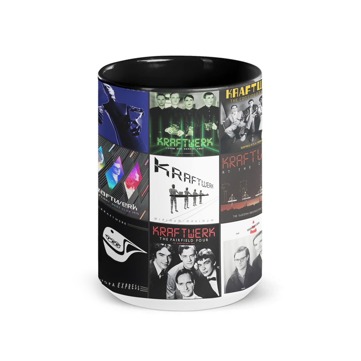 Kraftwerk Black Two-Tone Accent Coffee Mug - Classic Rock Band Album Covers Collage Mug