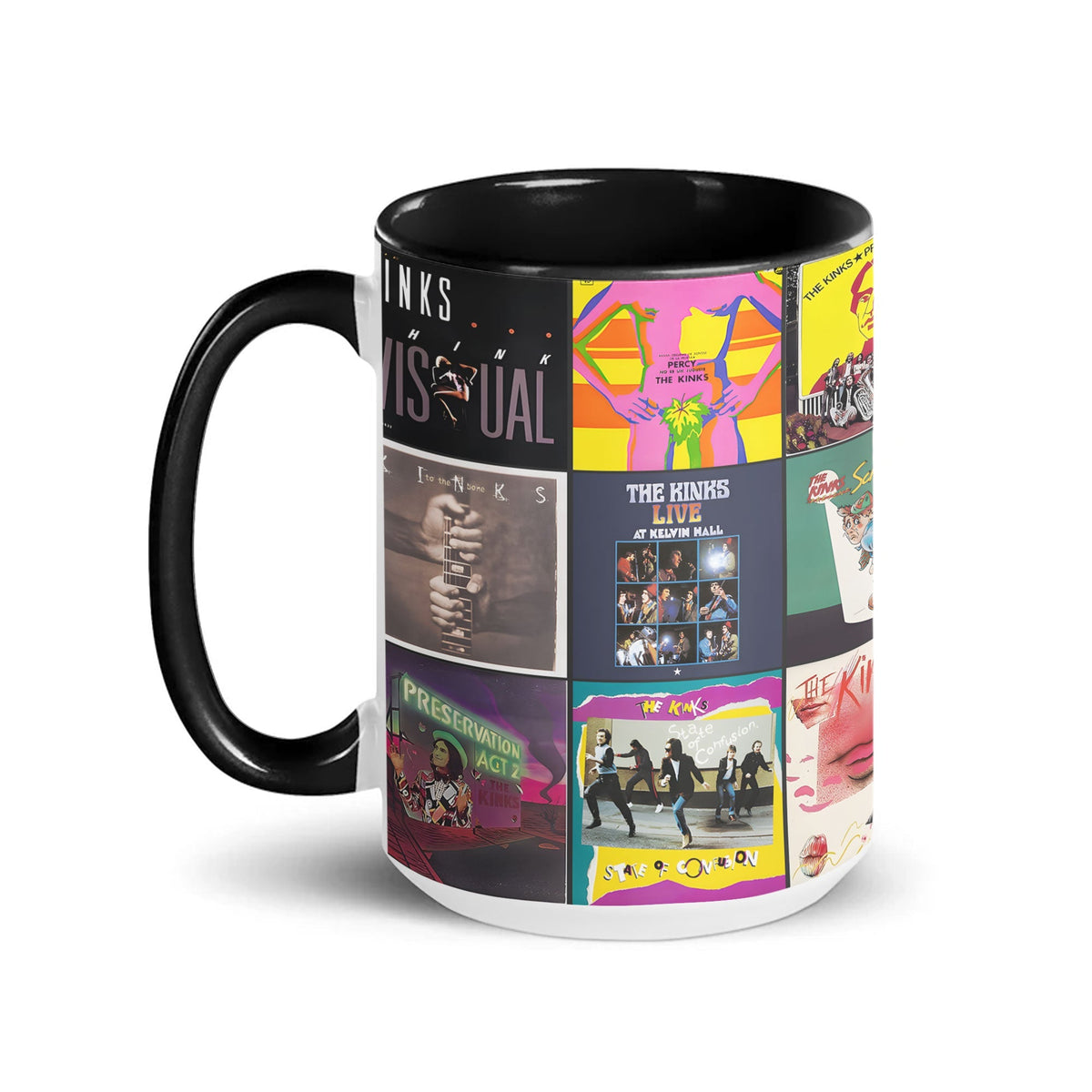 The Kinks Black Two-Tone Accent Coffee Mug - Classic Rock Band Album Covers Collage Mug