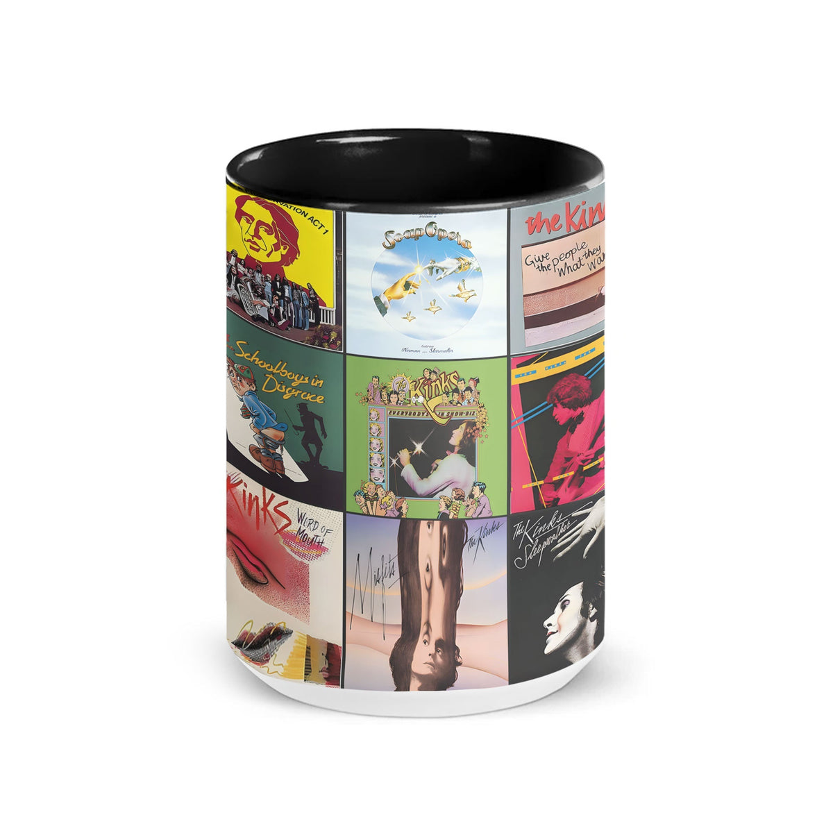 The Kinks Black Two-Tone Accent Coffee Mug - Classic Rock Band Album Covers Collage Mug