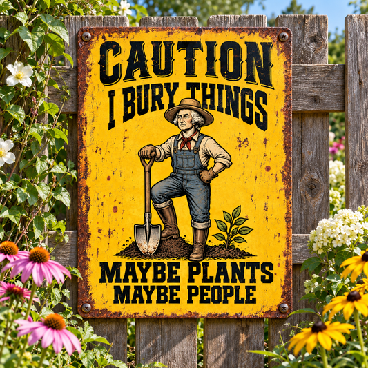 George Washington Garden Metal Sign, Caution I Bury Things Maybe Plants Maybe People, Funny Historical Gardener Decor, Rustic Yard Sign