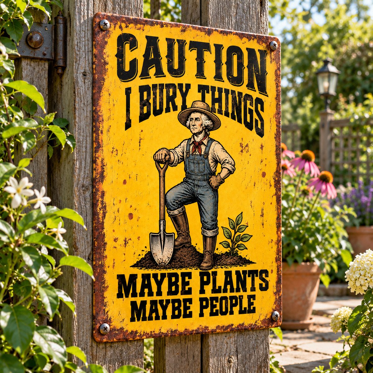 George Washington Garden Metal Sign, Caution I Bury Things Maybe Plants Maybe People, Funny Historical Gardener Decor, Rustic Yard Sign