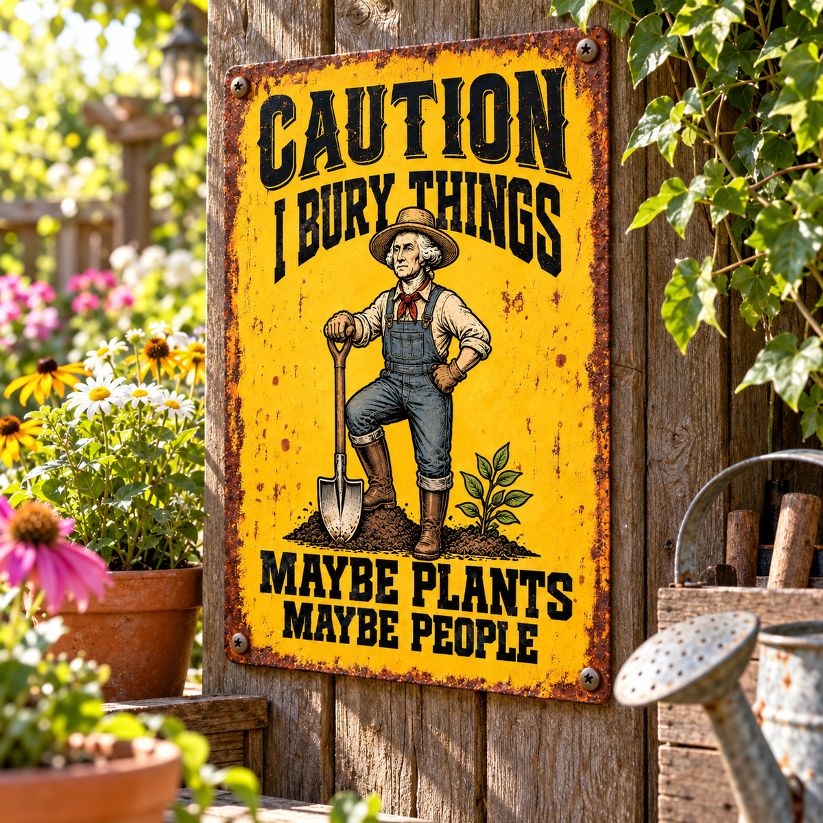 George Washington Garden Metal Sign, Caution I Bury Things Maybe Plants Maybe People, Funny Historical Gardener Decor, Rustic Yard Sign