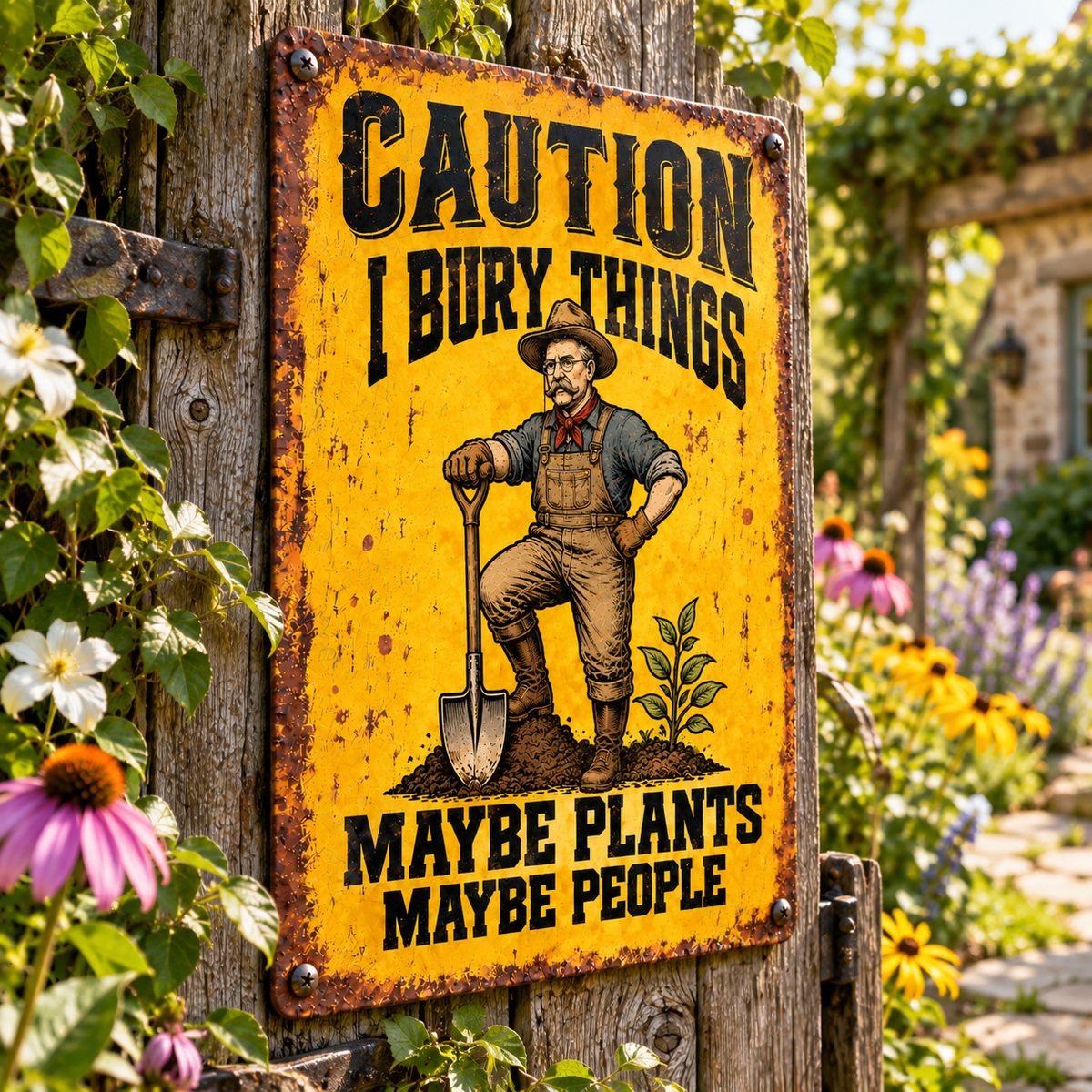 Theodore Roosevelt Garden Metal Sign, Caution I Bury Things Maybe Plants Maybe People, Funny Gardener Yard Decor, Rustic Outdoor Gift