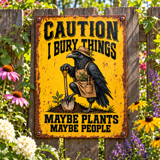 Funny Raven Garden Metal Sign, Caution I Bury Things Maybe Plants Maybe People, Gothic Raven Yard Decor, Dark Humor Garden Gift