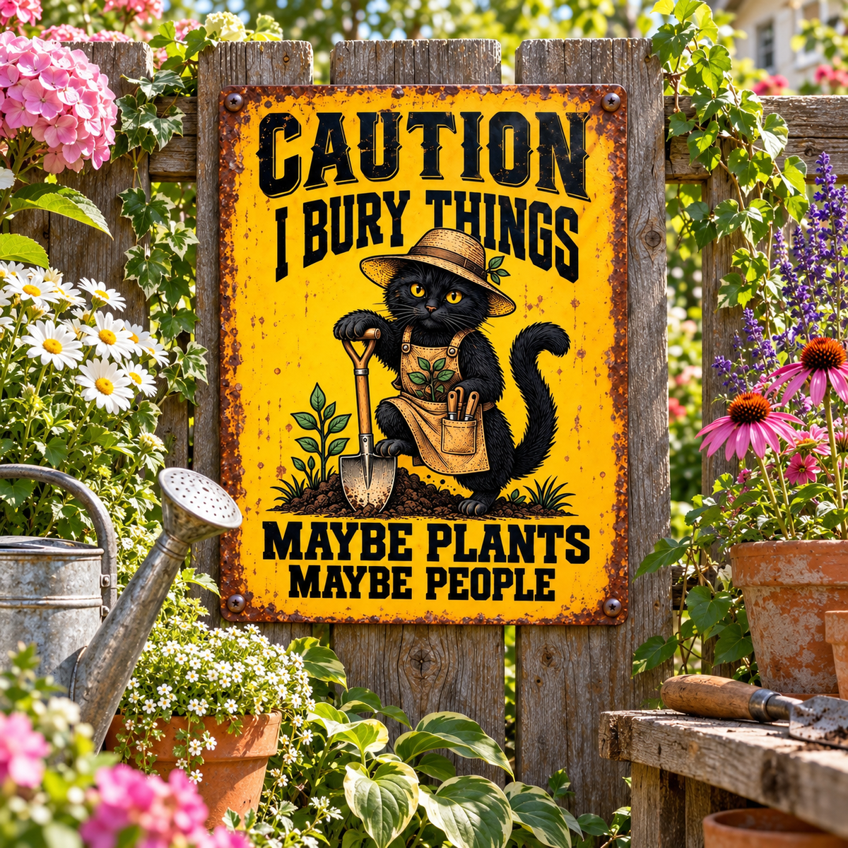 Funny Black Cat Garden Metal Sign, Caution I Bury Things Maybe Plants Maybe People, Cat Gardener Decor, Rustic Yard Sign, Garden Lover Gift