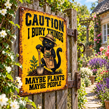 Funny Black Cat Garden Metal Sign, Caution I Bury Things Maybe Plants Maybe People, Cat Gardener Decor, Rustic Yard Sign, Garden Lover Gift