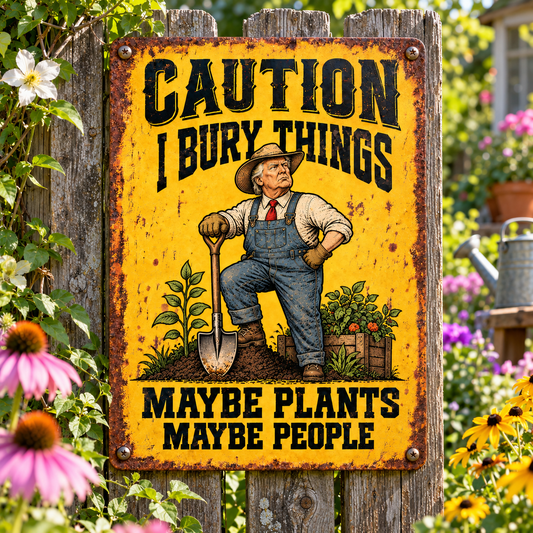 Donald Trump Garden Metal Sign, Caution I Bury Things Maybe Plants Maybe People, Funny Gardener Yard Decor, Rustic Outdoor Sign