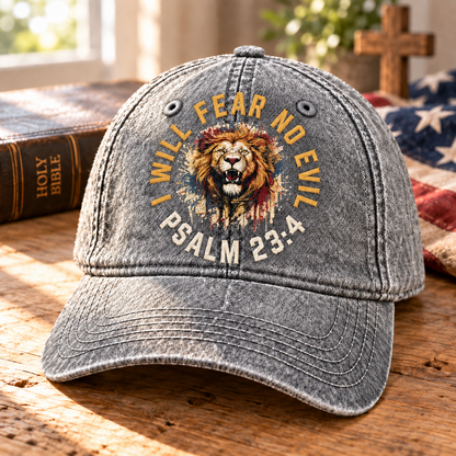 Psalm 23:4 Christian Denim Cap, I Will Fear No Evil Hat, Lion of Judah Faith Cap, Bible Verse Hat, Christian Gift for Men