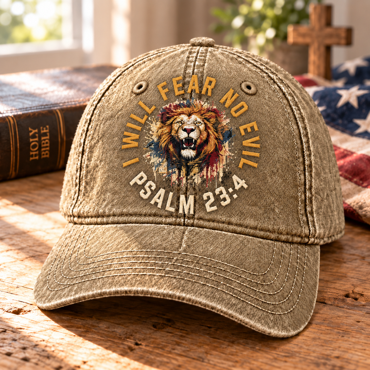 Psalm 23:4 Christian Denim Cap, I Will Fear No Evil Hat, Lion of Judah Faith Cap, Bible Verse Hat, Christian Gift for Men