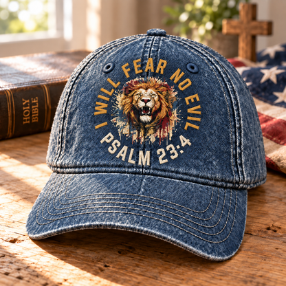 Psalm 23:4 Christian Denim Cap, I Will Fear No Evil Hat, Lion of Judah Faith Cap, Bible Verse Hat, Christian Gift for Men