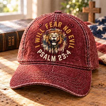Psalm 23:4 Christian Denim Cap, I Will Fear No Evil Hat, Lion of Judah Faith Cap, Bible Verse Hat, Christian Gift for Men