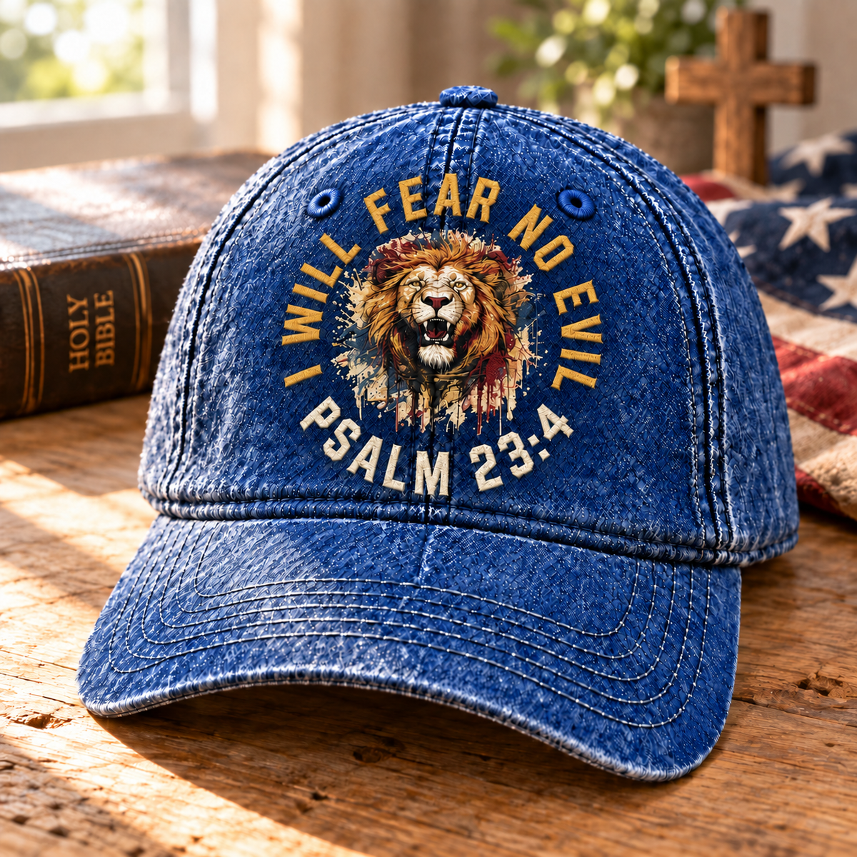 Psalm 23:4 Christian Denim Cap, I Will Fear No Evil Hat, Lion of Judah Faith Cap, Bible Verse Hat, Christian Gift for Men