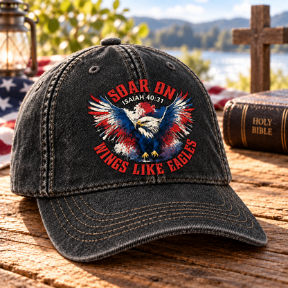 Isaiah 40:31 Christian Denim Cap, Soar on Wings Like Eagles Hat, Bald Eagle Faith Cap, Patriotic Christian Hat, Bible Verse Gift