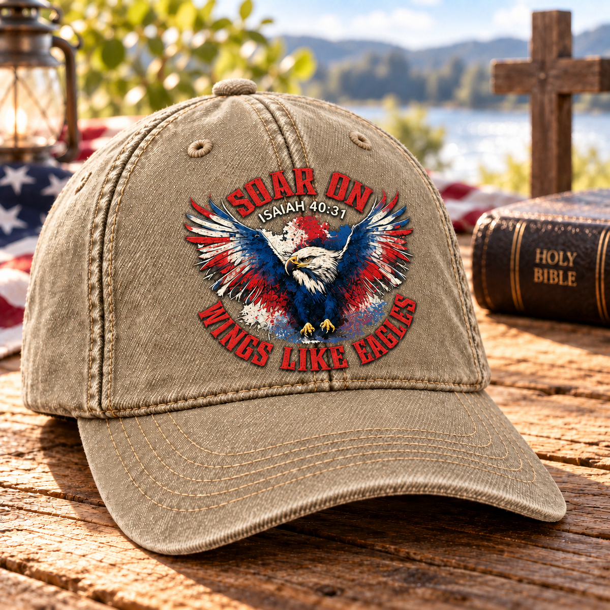 Isaiah 40:31 Christian Denim Cap, Soar on Wings Like Eagles Hat, Bald Eagle Faith Cap, Patriotic Christian Hat, Bible Verse Gift