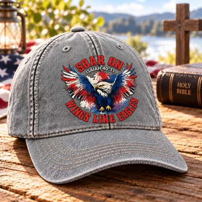 Isaiah 40:31 Christian Denim Cap, Soar on Wings Like Eagles Hat, Bald Eagle Faith Cap, Patriotic Christian Hat, Bible Verse Gift