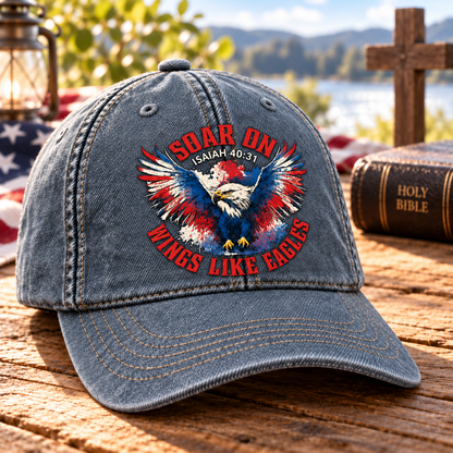 Isaiah 40:31 Christian Denim Cap, Soar on Wings Like Eagles Hat, Bald Eagle Faith Cap, Patriotic Christian Hat, Bible Verse Gift